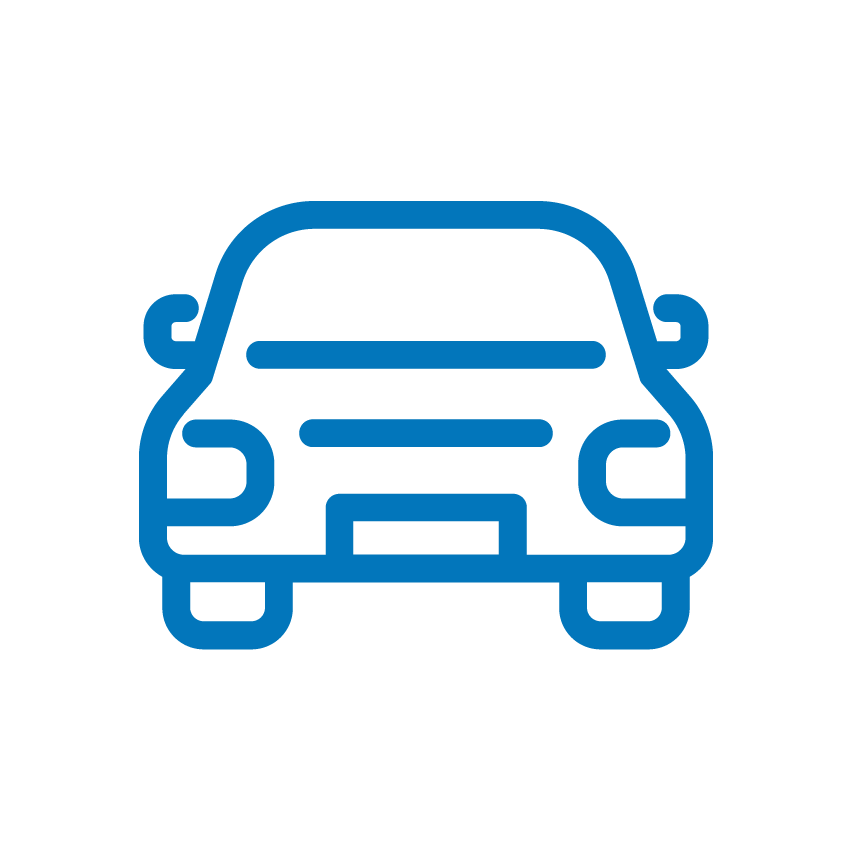 Simple blue outline illustration of a car viewed from the front.