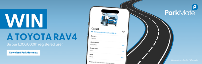 Graphic promoting ParkMate's giveaway of a Toyota RAV4 for the one-millionth registered user, with a smartphone displaying app features and a winding road in the background.