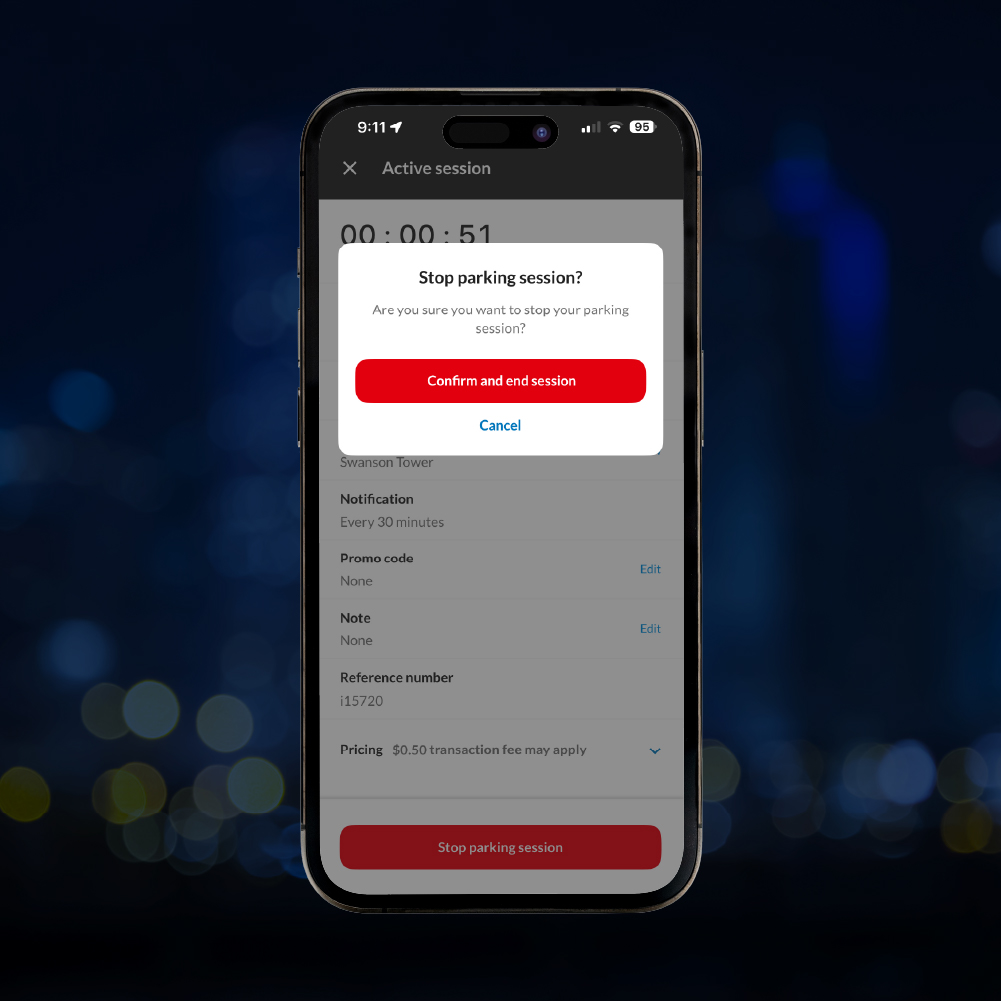 A smartphone displaying a parking app interface with a pop-up message asking to confirm the end of a parking session. The countdown timer shows 51 seconds remaining, and options to confirm or cancel are visible.
